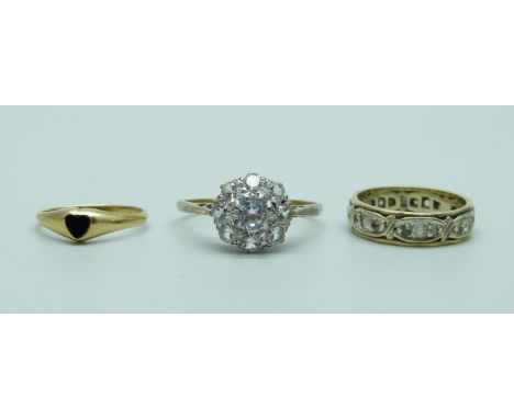 Two 9ct gold rings and a 9ct gold and silver cluster ring, total weight 6.1g, H, K and T