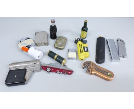 Fifteen vintage lighters including Imco Sunlite (Austria), Coca Cola Bottle, Guinness Bottle, Sarome Bluebird