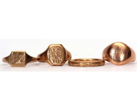 Mixed Lot: three 9ct gold signet rings (a/f) together with a 9ct wedding ring, chased and engraved decorated, 12.6gms gross w