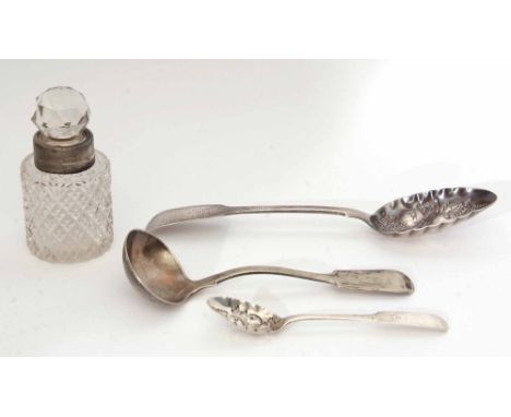 Mixed Lot: comprising a Fiddle pattern table spoon together with a tea spoon, both later decorated as berry spoons, a Victori