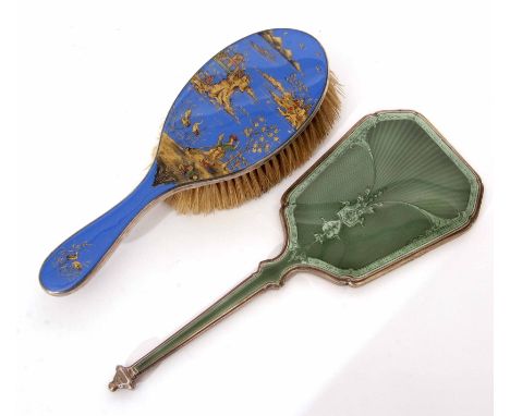 Mixed Lot: comprising George V guilloche enamelled dressing table mirror, engine turned back beneath a mid-green enamelled pa