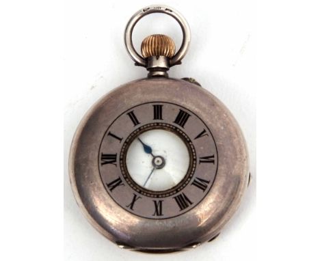 Early 20th century Swiss silver cased half hunter keyless fob watch, frosted gilt and jewelled movement with bi-metallic cut 