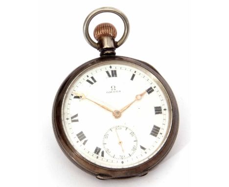 First quarter of 20th century silver cased open face keyless lever watch, Omega, 5457589, the frosted gilt and jewelled movem