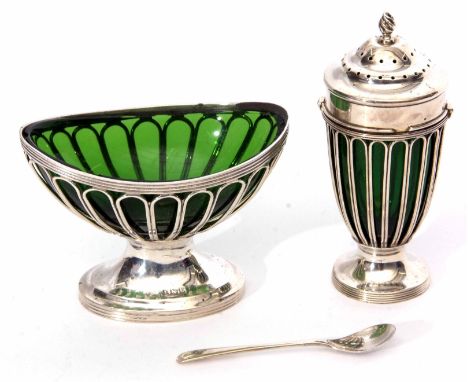 George V composite part cruet set comprising wire work pepper caster with bayonet attached and pierced cover with cast and ap