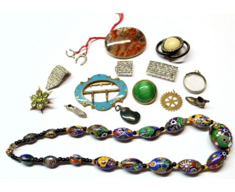Mixed Lot: gilt metal and turquoise enamel buckle, moss agate oval brooch, glass millefiori graduated bead necklace etc