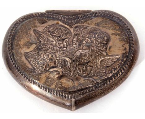 Late Victorian dressing table trinket box of heart shaped form, the hinged cover embossed with winged cherubs heads amongst c