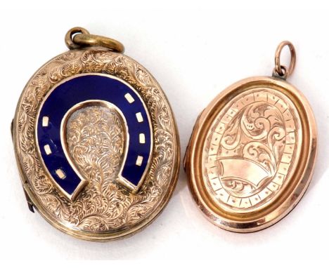 Mixed Lot: Victorian oval shaped locket, the centre applied with a blue enamel horseshoe, together with an antique gold locke