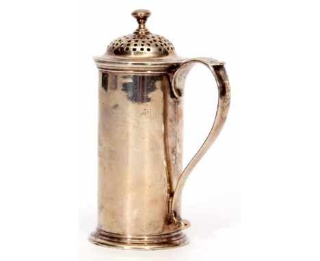 William IV kitchen caster of plain cylindrical form with cast and applied reeded rim and foot and C-scroll handle with pierce