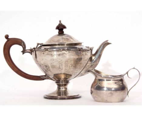 Mixed Lot: comprising a George VI bachelor's tea pot of faceted circular form with hinged and domed cover raised on a spreadi