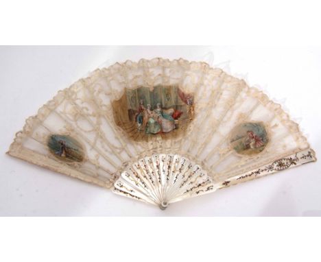 Late 19th century Continental mother of pearl and lace fan of 17 (of 18) stick construction, the mother of pearl mounts with 