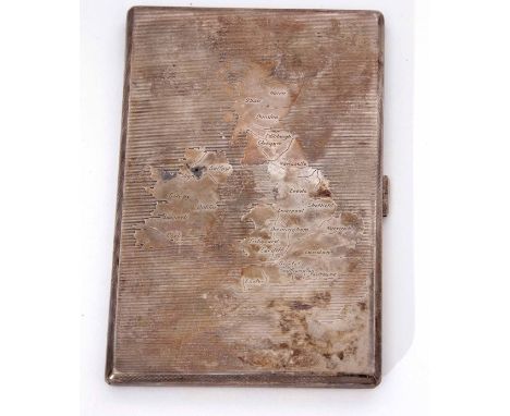 George VI cigarette case of hinged and sprung rectangular form with all over engine turned decoration and cover decorated wit