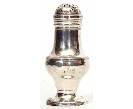 George III baluster caster with girdled body and pierced pull off cover (finial repaired) on a spreading circular foot, heigh