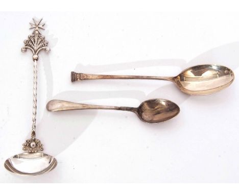 Mixed Lot: comprising two various hallmarked silver tea spoons, together with a Maltese ladle with circular polished bowl, tw