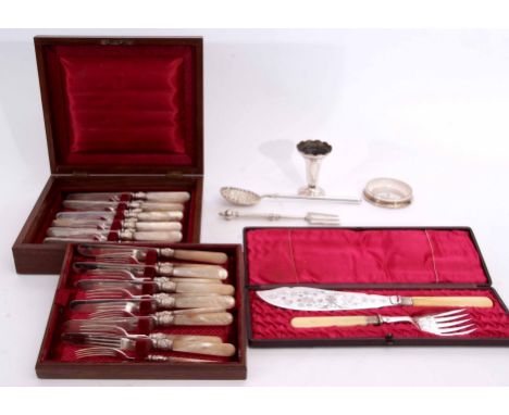 Mixed Lot: comprising a late 19th century cased set of 12 each mother of pearl handled dessert knives and forks, with a furth