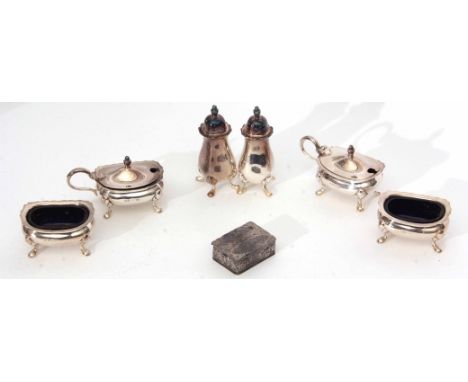 Mixed Lot: comprising an Elizabeth II six piece cruet set comprising two each pepper casters, lidded mustards and open salts,
