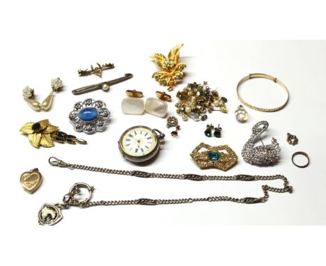 Mixed Lot: white metal and enamel fob watch, cufflinks, various stud earrings, brooches etc 