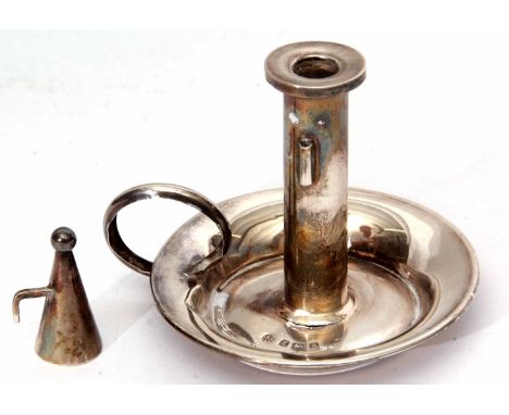 Edward VII taper stick modelled in the form of a chamber stick with plain polished saucer base and ring handle (split to base