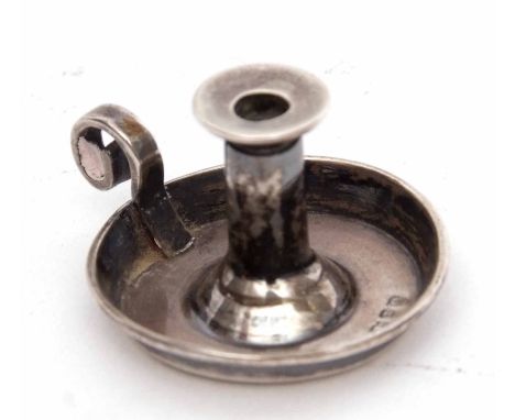 Victorian novelty miniature chamber stick with saucer base, scrolling handle and plain flared column, diam 3cm, weight approx