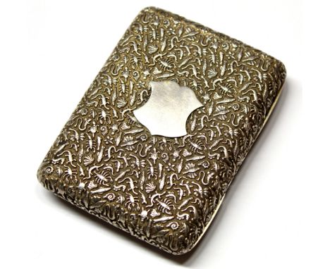 Unmarked cigarette case of hinged and sprung rectangular form, the covers profusely chased throughout with aquatic and reptil