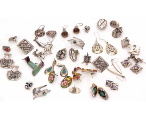 Mixed Lot: quantity of white metal earrings, enamel, amber and hardstone set 
