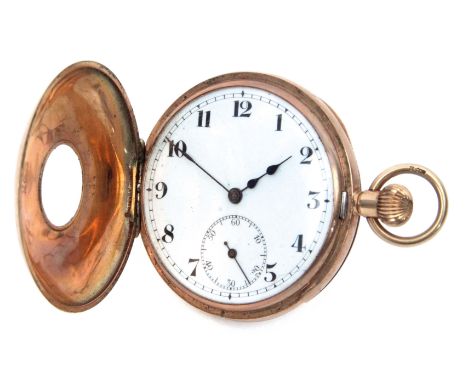 Early 20th century 9ct gold half hunter keyless pocket watch, the frosted gilt and jewelled movement with mono-metallic balan