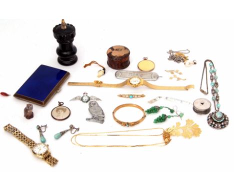 Mixed Lot: two ladies wrist watches, a child's gilt metal hinged bracelet, a metal and blue enamel cigarette case etc