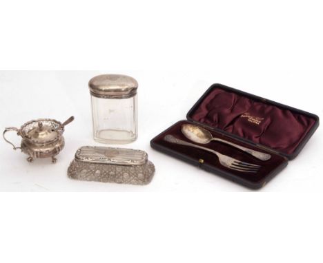 Mixed Lot: comprising a cased christening spoon and fork together with two silver lidded and clear glass dressing table canis