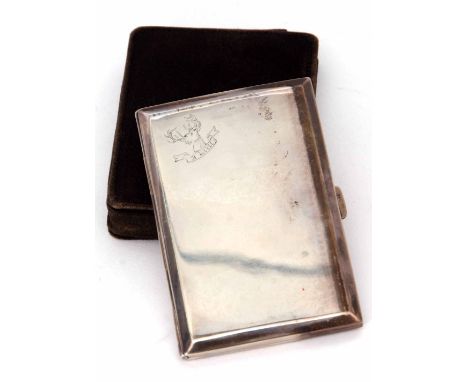 Early 20th century Continental silver cigarette case of hinged and sprung rectangular form with polished cover and engraved c
