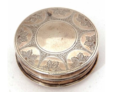 First half of 19th century silver pill pot of domed circular form, the pull off cover with engraved foliate detail and vacant