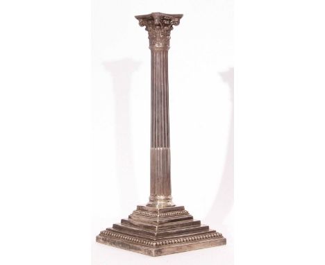 Victorian single candlestick modelled in the form of a Corinthian column (lacking nozzle) to a scrolling sconce and fluted co