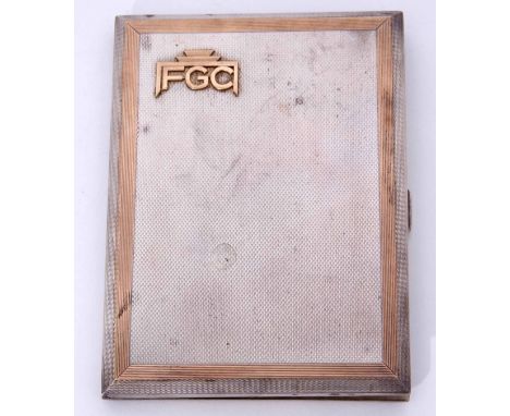 George V silver gilt cigarette case of hinged rectangular form with all over engine turned covers and set with contemporary g