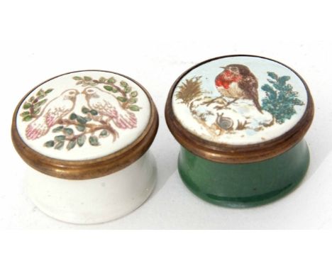 Mixed Lot: comprising two various Halcyon Days enamel rouge pots, each of circular form, the covers with coloured bird detail