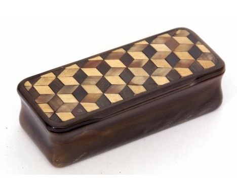 Late 19th century horn snuff box of rectangular form, the hinged cover with marquetry inlaid cube design, width 9.5cm 
