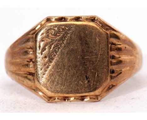 9ct gold signet ring, the square panel with a corner featuring chased detail, threaded shoulders to a plain polished mount, s