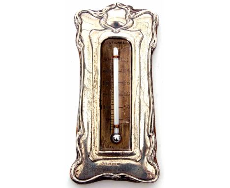 Edward VII silver mounted single scale mercury thermometer, the Art Nouveau type applied silver mount with stylised foliage b