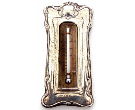 Edward VII silver mounted single scale mercury thermometer, the Art Nouveau type applied silver mount with stylised foliage b