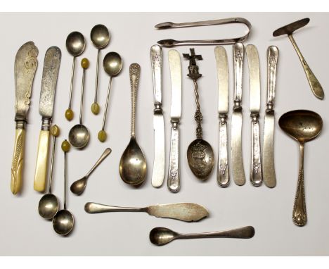 Mixed Lot: comprising six silver handled tea knives together with a pair of bright cut sugar tongs (repaired), Continental wh
