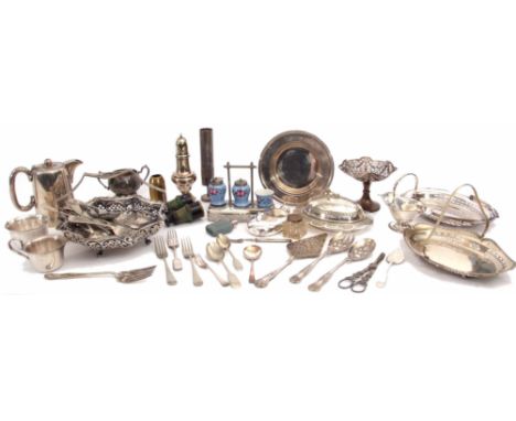 Mixed Lot: electro-plated table wares comprising three piece cruet, glazed butter dish with pull off cover and cow finial, as