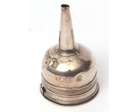 George III two-part wine funnel with removable liner with shell side clip and muslin ring to a girdled and polished body with