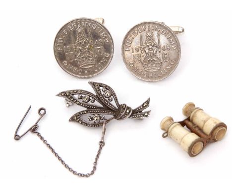 Mixed Lot: pair of 1948 one shilling coin cuff links, swivel fittings, a marcasite brooch, pair of miniature binoculars toget