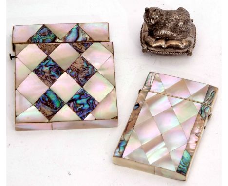 Mixed Lot: comprising two various late 19th century mother of pearl and nacre shell calling card cases, each of rectangular f