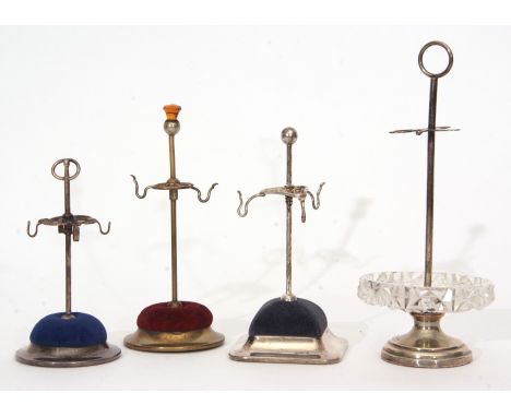 Mixed Lot: comprising four various hat pin stands comprising one with stepped circular base to a clear cut glass saucer with 