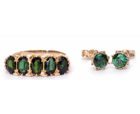 Mixed Lot: 9ct gold Tourmaline five stone ring, together with a pair of 9ct stamped green stone earrings with post fittings, 