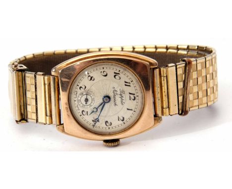 Second quarter of 20th century 9ct gold wrist watch retailed by Dipple - Norwich, the Swiss jewelled movement with bi-metalli