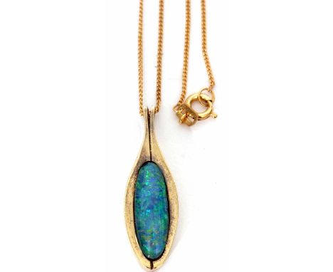 "Sterling" opal lozenge shaped pendant on a rolled gold trace chain