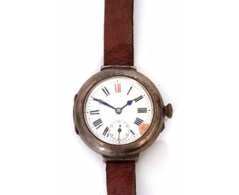 Early 20th century silver cased wrist watch, the frosted gilt and jewelled movement with bi-metallic cut compensated balance 