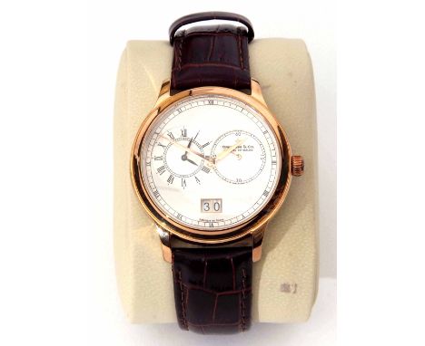 Modern gold plated calendar wrist watch, Dreyfuss &amp; Co, the movement (unseen) to an engine turned and silvered dial with 