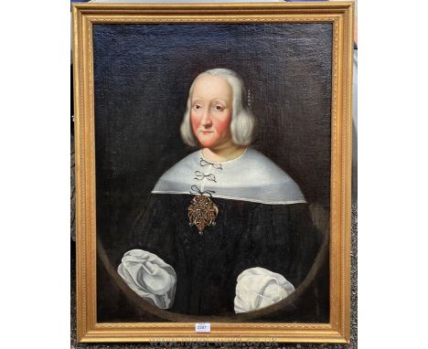 A large framed Oil on canvas Portrait of a rosy-complectioned white haired lady in dark clothing with a white collar and ruch