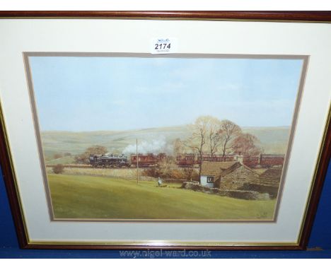 A framed P.O. Jones Print of a lady feeding chickens as a steam train passes, 21 1/2'' x 17 1/2''.