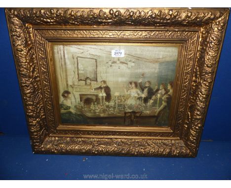 A heavy gilt framed Print on canvas depicting a dinner party, no signature visible, 22 1/2'' x 19''